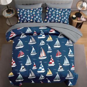 5 Pcs Twin Size Comforter Set with Pillowcase & Sham, Nautical Sea Ocean Bedding for Kids and Adults, Blue Boat Sailboat Bed in a Bag with Flat Fitted Sheet