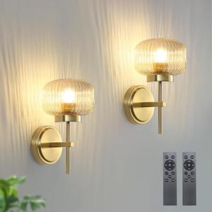 Battery Operated Wall Sconces Set of Two Rechargeable Battery Powered Black Wall Light Fixtures with Remote Control Globe Glass Dimmable for Living Room Bedroom Mirror Hallway (2 Pack) (Gold)