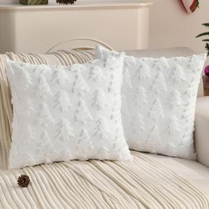 HAUSSY Christmas Throw Pillow Covers 18x18 Set of 2, Decorative Tree Pillow Cases,Soft Faux Fur Winter Cushion Case for Xmas Home Decor,Couch Bed, Living Room,White