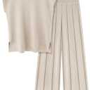 Ekouaer Lounge Sets for Women Two Piece Outfits Knit Cap Sleeve Tops Wide Leg Pleated Pants Casual Dressy Sweater Sets (XX-Large, Beige)