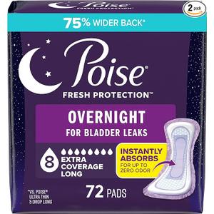 Poise Overnight Incontinence & Postpartum Pads for Bladder Leaks, 8 Drop Extra Coverage, 72 Count (2 Packs of 36), Packaging May Vary