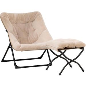 HollyHOME X-Large Saucer Chair with Foldable Ottoman, Comfy Oversized Folding Chair and Folding Footrest Stool Set, Faux-Fur Reading Chair and Footstool for Living Room, Light Khaki Chair & Stool