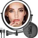 Rocollos Rechargeable Wall Mounted Lighted Makeup Mirror, 8 Inch Double-Sided LED Vanity Mirror 1X/10X Magnification,3 Color Lights Touch Screen Dimmable 360Swivel 13 Inch Extendable