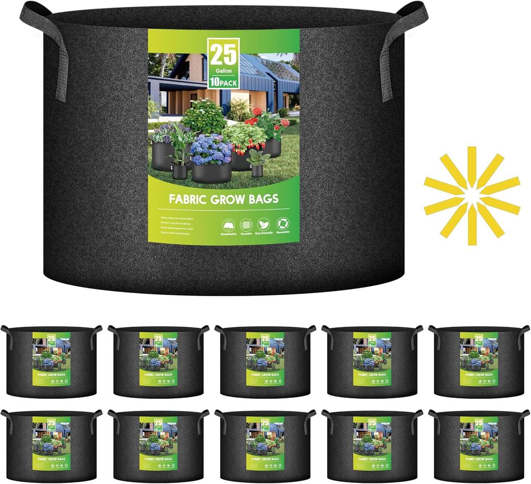 iPower 10-Pack 25 Gallon Grow Bags Heavy Duty Thickened Nonwoven Aeration Fabric Pots Plant Containers with Handles for Planting Vegetables, Fruits, Flowers, Black