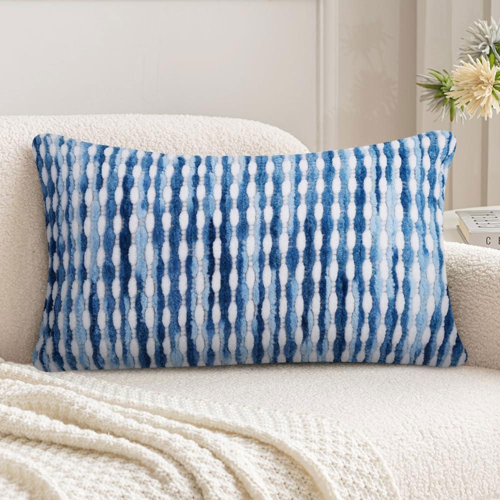 Merrycolor Boho Throw Pillow Covers 2012 Inch,Chenille Fabric Striped Square Decorative Sofa Couch Pillow Covers Vibrant Boho Bohemian Style for Living Room Bedroom(Blue -White, (Pack of 1)