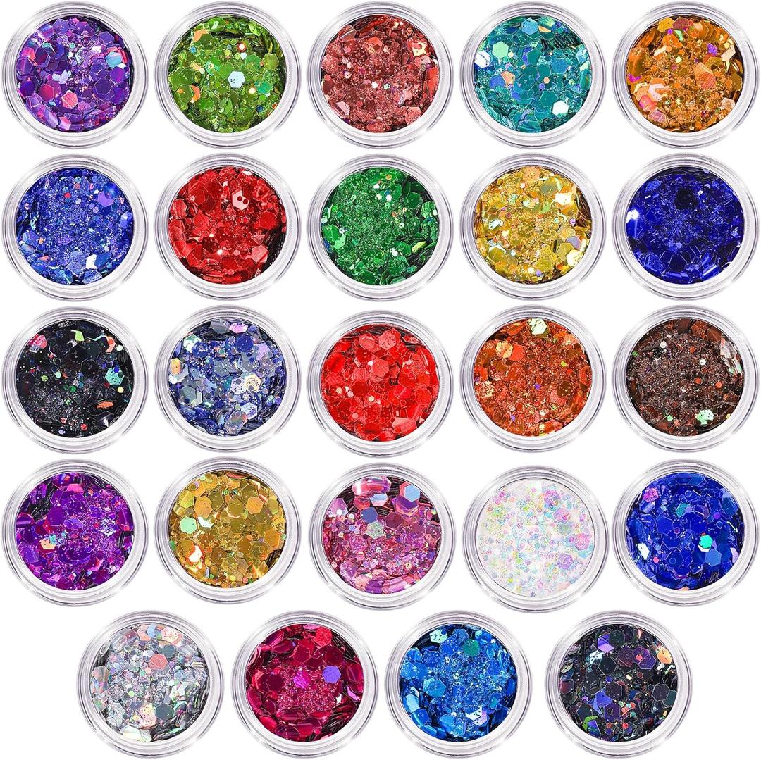 LEOBRO Glitter, 24 Jars Holographic Chunky Glitter for Crafts, Resin, Sequins for Crafts, Hair Face Body Makeup Nail, DIY Arts and Craft, Party Christmas Decorations