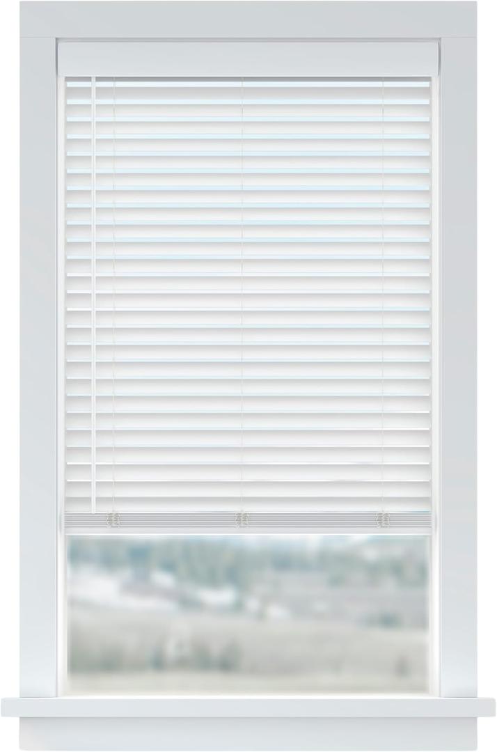 LEVOLOR Basics 2 Faux Wood Horizontal Blinds for Indoor Windows, 35 W x 64 H, Cordless Light Filtering Window Shade for Any Room, White