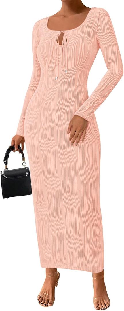 PRETTYGARDEN Cocktail Dresses for Women 2024 Fall Long Sleeve Tie Front Cut Out Bodycon Sexy Club Party Maxi Dress (Pink,Small) (Pink, S)