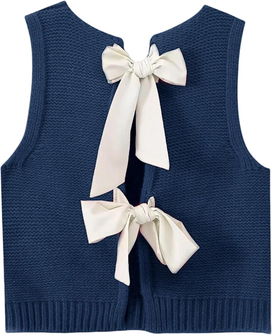 Lianlive Sweater Vest Top for Women Casual Crop Knit Cardigan Vest Bow Tie Back Knit Tank Tops (Medium, Navy)