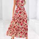 PRETTYGARDEN Women's 2025 Summer Floral Midi Dress Cap Sleeve V Neck Ruffle Long Flowy Boho Casual Beach Vacation Dresses (Medium, Floral Orange Pink Red)