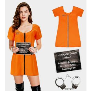 Adult Prisoner Jumpsuit Men Women Jail Costume Inmate Outfit with Criminal Accessories Halloween Cosplay Props L