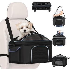 4-in-1 Cat Car Seat and Cat Carrier with Removable Wheels Booster Car Seats for Small Dogs Cats Comes with Shoulder Strap Clip-On Safety Leash and Thickened Pads, Pet Travel Carrier Bed up to 15lbs
