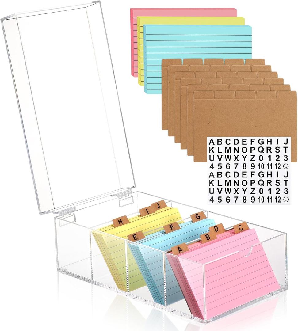 3 x 5 Inch Acrylic Index Card Holder Clear Index Card Box Note Card Organizer with 150 Ruled Lined Index Cards 30 Kraft Dividers A-Z Stickers 4 Divider for Holds 600 Cards Tabs Note Recipe Cards