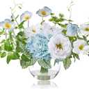 WELL KNOWN Artificial Silk Flowers Bouquet with Vase, Fake Flower Arrangements in Glass Vase with Faux Water for Spring Summer Seasonal Home Office Hotel Wedding Table Decor (Blue in Spring)