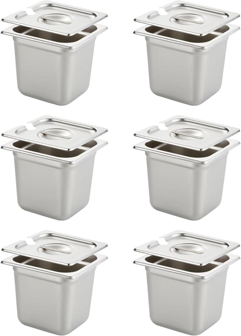 HECMAC 6 Pack 1/6 Size 6 Inch Deep Anti-Jam Hotel Pan with Notched Lid, Heavy Duty, Commercial Stainless Steel Pan, Metal Food Pan, 23 Gauge