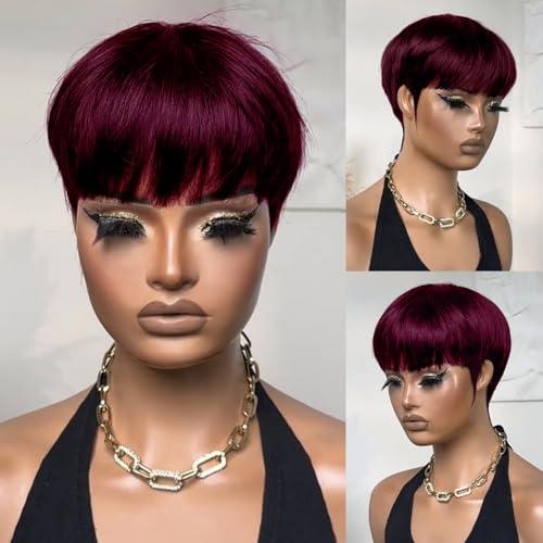 FREEKWEEN Short Pixie Cut Human Hair Wig for black women Burgundy Red Straight Human Hair Non-Lace front Wig with bangs full machine made 99J Colored Glueless Short Haircut Wig