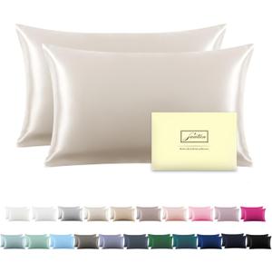 SUATIEN Breathable Mulberry Silk Pillowcase Set - Soft and Silky with Hidden Zipper (Beige, 20" x 26", 2 Pack)