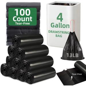 100 Counts 4 Gallon Trash Bag Drawstring Small Trash Bags, Thick Pre-separated Garbage Bags, Trash Bin Liners, Suitable for bathroom, kitchen, bedroom, office (Black)