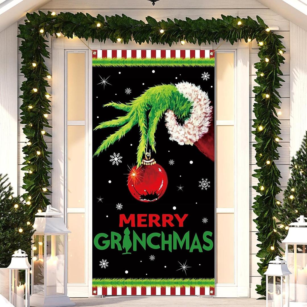 Sunwer Merry Christmas Door Cover Xmas Winter Holiday Party Decoration Front Porch Sign Backdrop Banner for Home Indoor Outdoor Decor