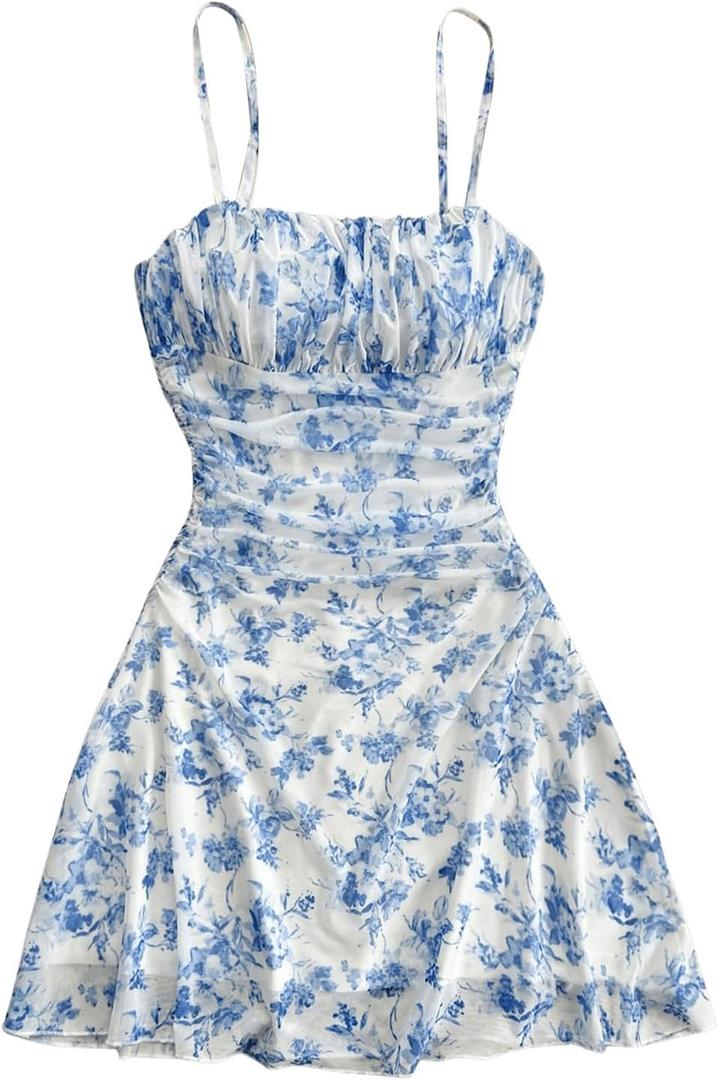 WDIRARA Women's Floral Print Ruched Cami Dress Spaghetti Strap Ruffle Hem Mesh Mini Dress (A Blue and White, XXL)