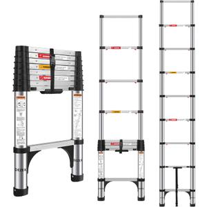 Telescoping Ladders 8.5 FT Stainless Steel Ladder - One-Button Retraction Telescopic Ladder for Home,RV,Loft, Lasts 375 LBS with 2 Triangle Stabilizers (10.5 FT (A Button))