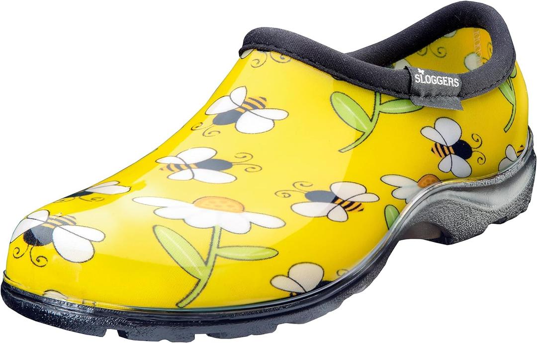 Sloggers Original Waterproof Rain and Garden Shoe for Women– Outdoor Slip-On Garden Clog - Made in The USA with Premium Comfort Insole and Arch Support - Bee Print Yellow, Size 8