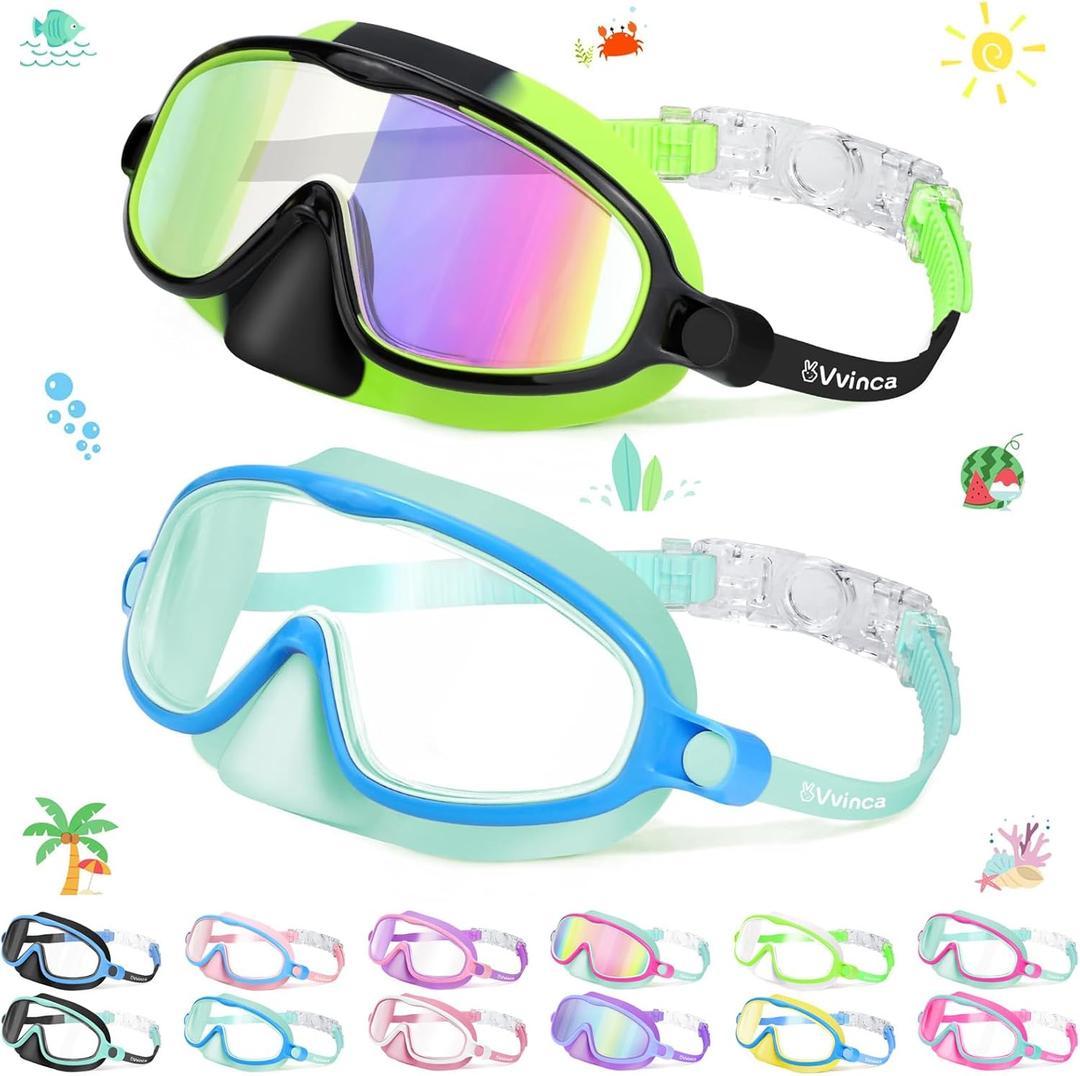 Vvinca 2 Pcs Kids-Swim-Goggles with Nose Cover, Swimming Diving Mask Wide View Anti Fog UV Anti Shattered Lens for Kids 3-5 (01-mirrored Black Green & Light Blue)