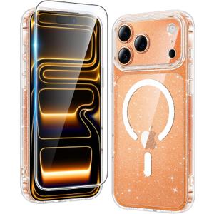 FNTCASE for iPhone 17 Pro Case: Clear Magnetic Phone Cases Compatible with Magsafe Slim Anti Yellowing Military Grade Drop Protection Rugged Protective Transparent Cell Cover (B-Glitter Magnetic)
