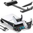 Tokluck PS5 Slim/Pro Horizontal Stand, PS5 Cooling Station with Dual Controller Charger for Disc & Digital Versions, 3-Level Cooling Fan - Black (NOT Fit 2020 PS 5 Regular Version)