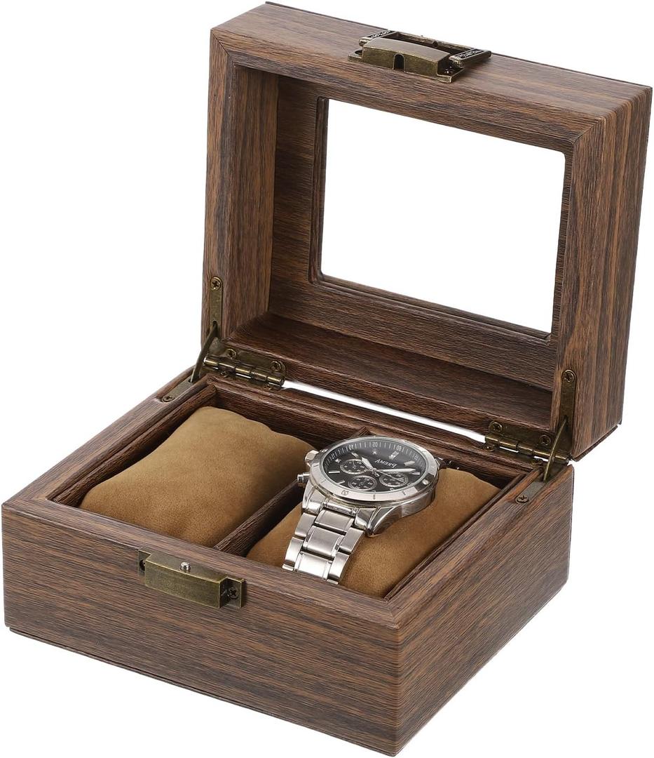 uxcell Watch Box for Men, 2 Slots PU Leather Watch Display Organizer Case, Grain Watch Storage Box with Glass Lid and Removable Cushion for Most Watches Smart Watches