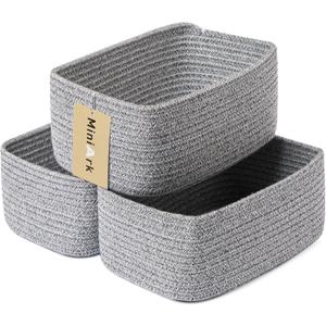Small Storage Baskets for Organizing | Closet Organizer Bins | Shelf Toy Basket | Woven Rope Baskets | Cube Decorative Box | Shallow Basket | 11.5x7.5x4.7 | 3 Packs Mixed Grey