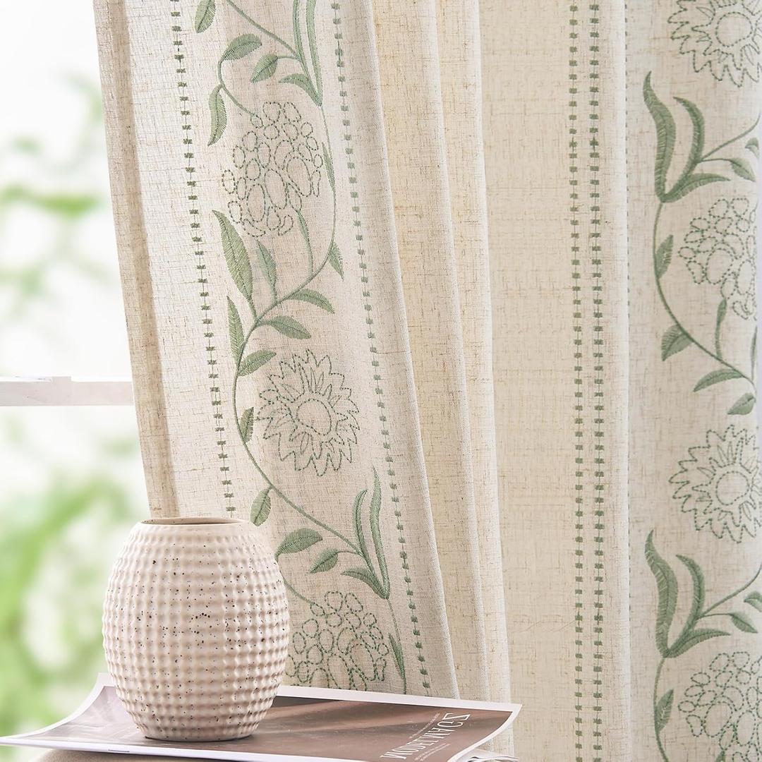 jinchan Winslow Linen Curtains for Bedroom 84 Inches Length Embroidered Bordered Floral Curtains for Living Room Farmhouse Decor Light Filtering Window Treatments Sage on Beige Drapes 2 Panels