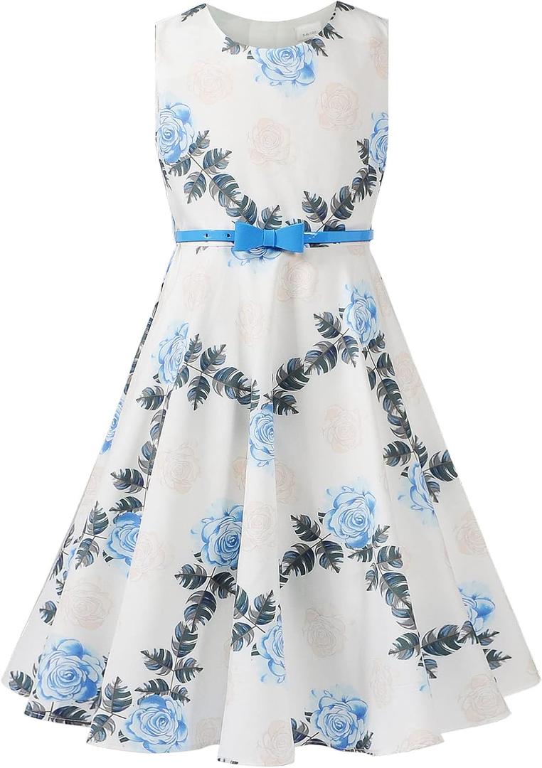 Bonny Billy Girls Classy Vintage Floral Swing Kids Party Dresses (White)