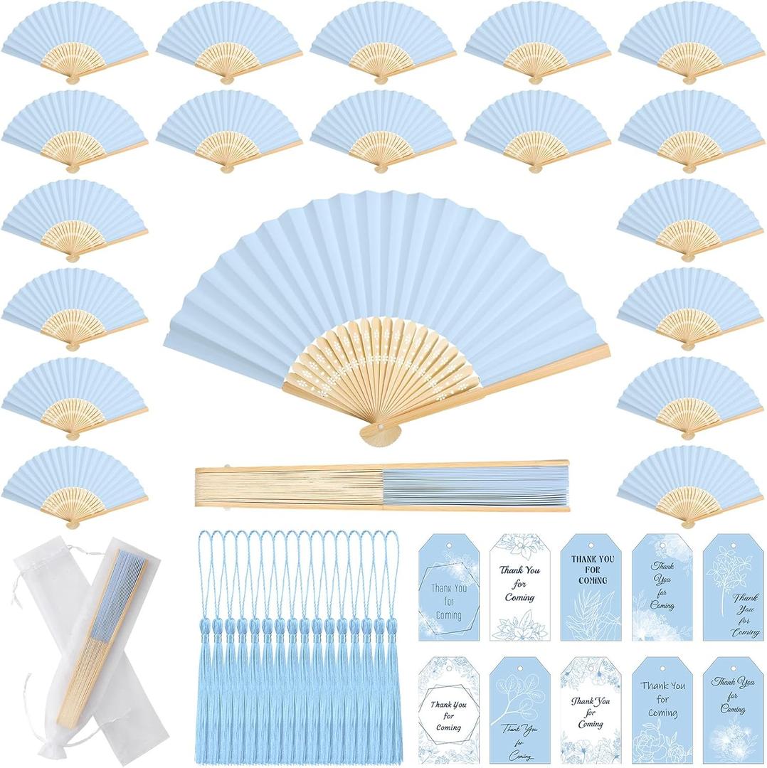Marsui 100 Set Folding Fans Wedding Fans Bamboo Hand Held Sandalwood Fans with Thank You Cards, Tassels and Gift Bags for Wedding Guests Party Favors Bridal Shower Church Decoration (Light Blue)