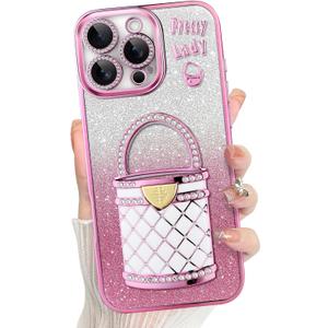 Kickstand for iPhone 16 Pro Case with Stand & Makeup Mirror - Cute Glitter Luxury Plating Edge Bumper for iPhone 16 Pro, Pink (6.3")
