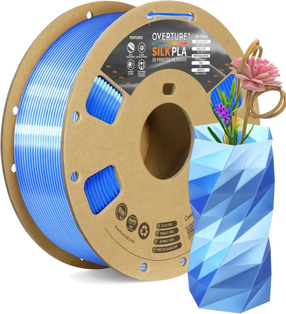 OVERTURE Silk PLA Dual Color Filament 1.75mm, Bi-Color Shiny PLA Finish, Smooth & Glossy, 1kg Spool (2.2lbs), Ideal for Cosplay Jewelry & Home Decor (Silk Blue-Silver)