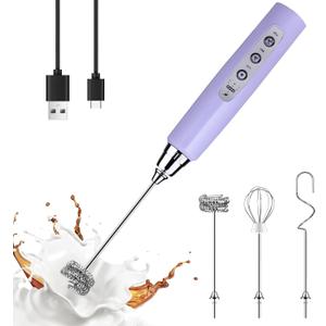 YUSWKO Light Purple Handheld Milk Frother Wand for Coffee, Rechargeable Electric Whisk with 3 Heads 3 Speeds Drink Mixer Coffee Frother For Latte, Cappuccino, Hot Chocolate, Egg