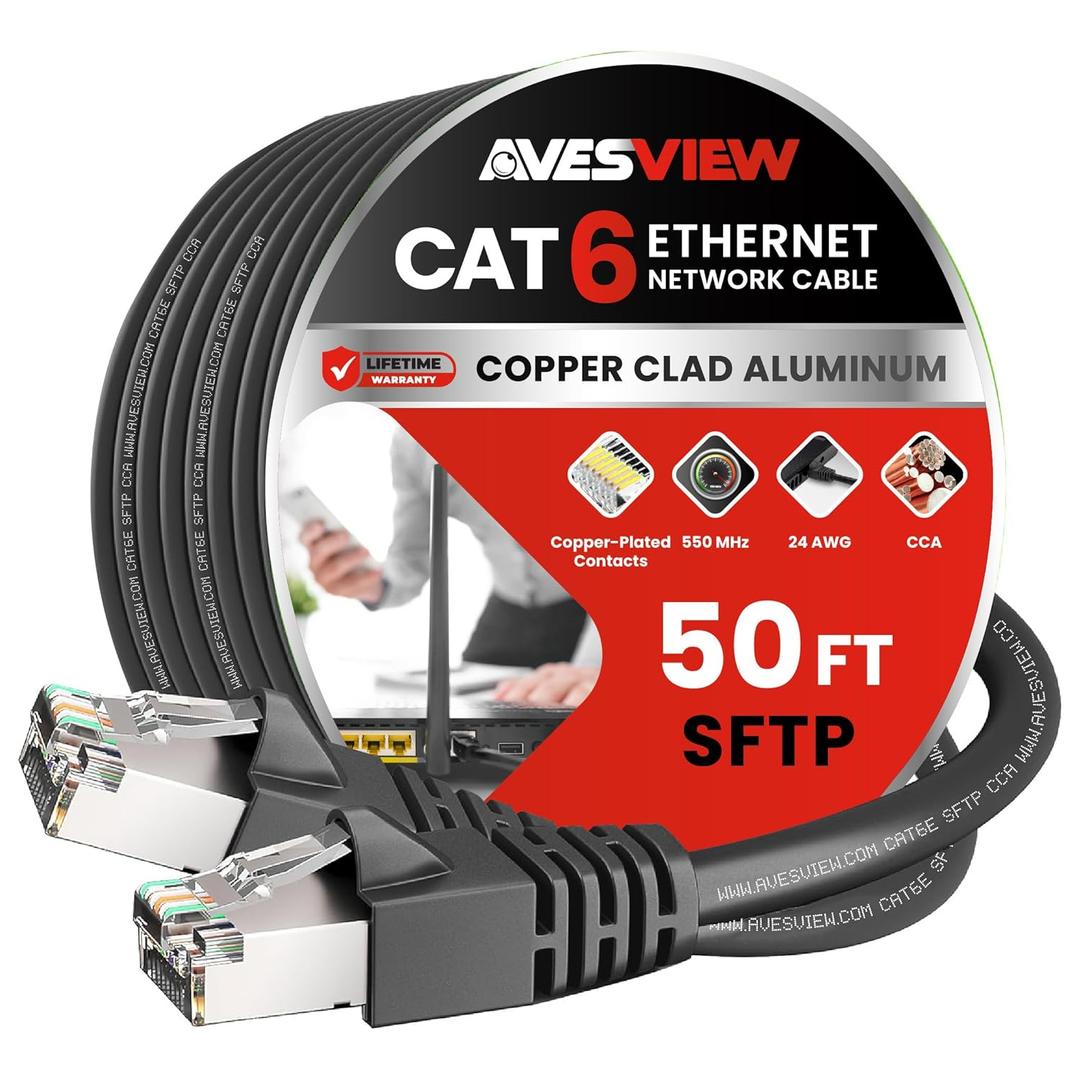 CAT 6 Shielded 50 ft Ethernet Cable, Indoor High-Speed (SFTP) 10Gbps Snagless Shielded Ethernet Cable 50 ft for Internet, Router, Computer, PlayStation, Xbox, POE Camera, Printer - Black