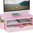 gianotter Wood Monitor Stand Riser, Desk Organizer with Drawer and 2 Pen Holders, 2-Tier Workspace Organizer for Office Supplies(Pink Wood)