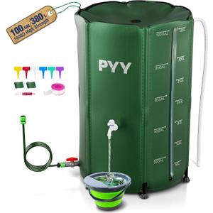PYY Rain Water Collection Barrel - 100 Gallon Green Water Storage Tank with Spigots, Hose and Portable Bucket, Large Plastic Collapsible Rain Catcher Catchment System to Collect Rainwater from Gutter