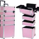 Makeup Rolling Train Case - Professional Cosmetics Organizer with Aluminum Frame, Folding Trays & Wheels, Portable for Travel & Studio (Pink)