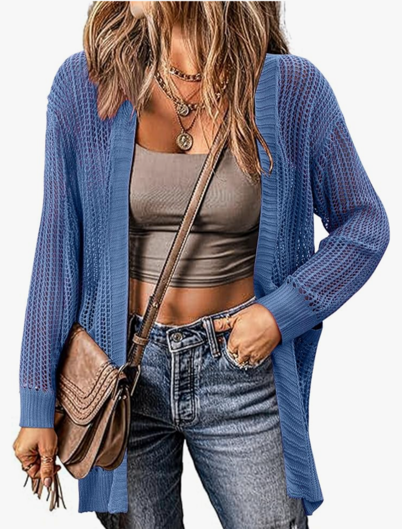 Zeagoo Women 2025 Lightweight Crochet Cardigan Long Sleeve Open Front Knit Sweater Summer Kimono Cover Up with Pockets, Size Medium