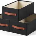 linen closet organizers and storage, 3 Pack Large Storage Baskets, Washable, Clothing Storage Bins with Handle, Closet Organizer for Storage Sweater,Sheets (Black, 16"x9½"x6¾")