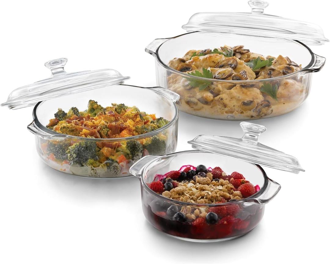 Libbey Baker's Basics 3-Piece Glass Casserole Dishes with Glass Covers, Stackable Casserole Dishes for Oven, Microwave, Refrigerator, Versatile Baking Dish Set