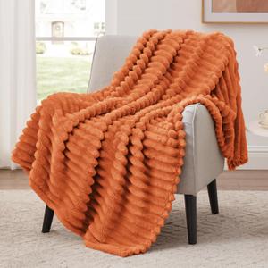 Home Fall Throw Blanket for Couch or Bed - 3D Stripe Jacquard Decorative Fleece Blankets - Cozy Soft Lightweight Fuzzy Flannel Blanket Suitable for All Seasons(50"×60",Orange)