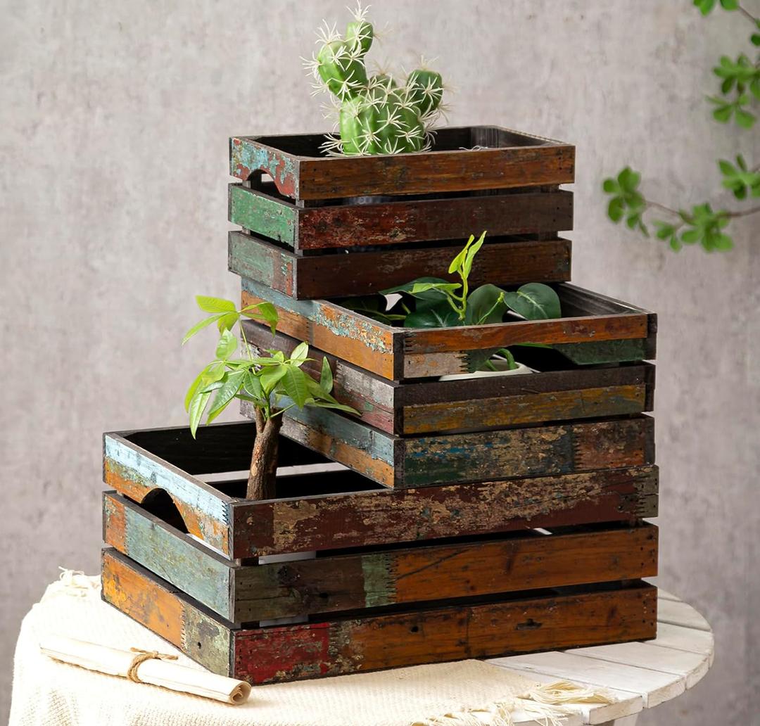 TIMRIS Set of 3 Rustic Distressed Wood Nesting Crates, Farmhouse Decorative Wooden Storage Boxes, Large Vintage Reclaimed Wood Baskets for Display (Random)