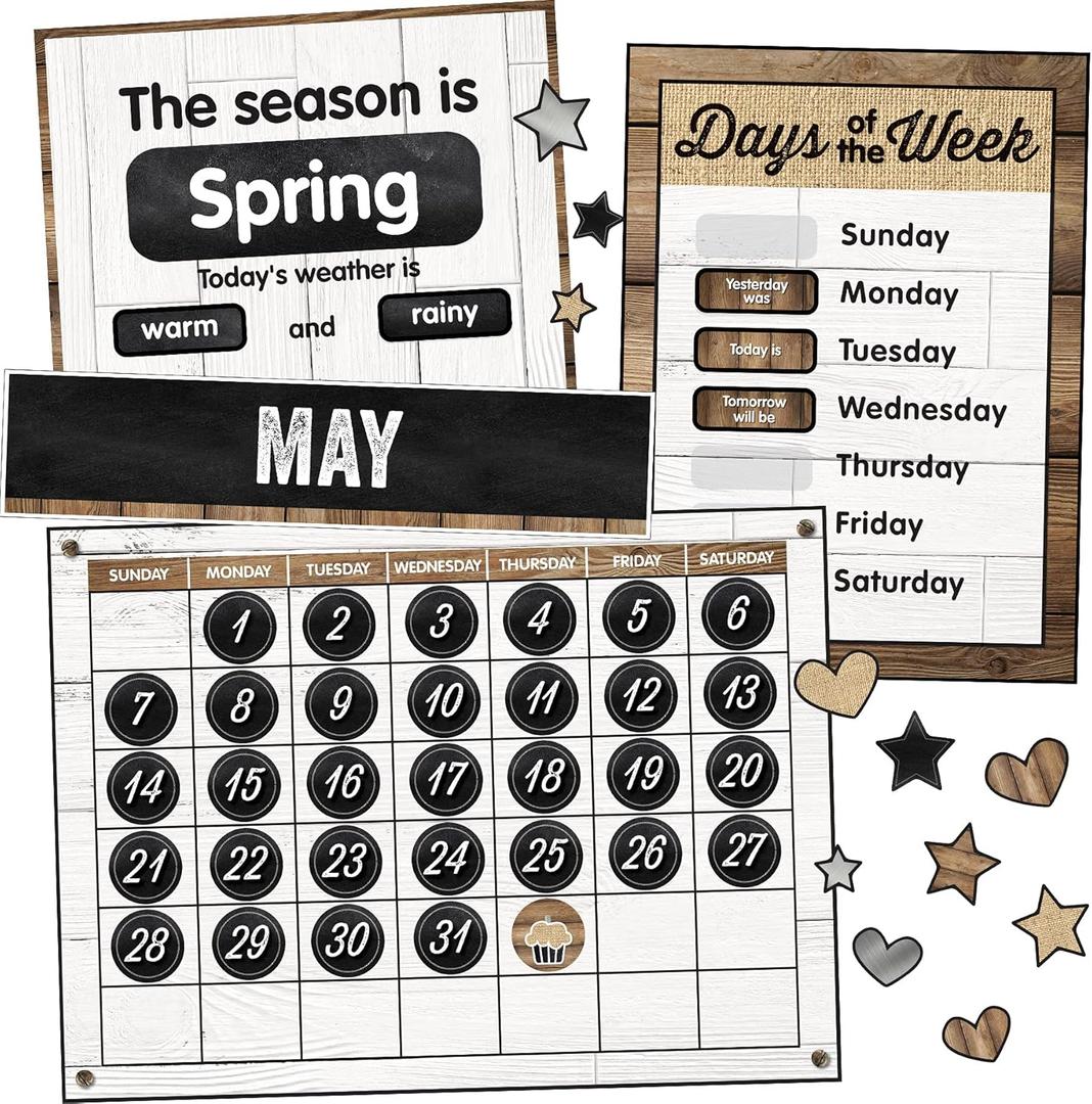 Schoolgirl Style Industrial Chic 95-Piece Calendar Bulletin Board Set, Farmhouse Monthly Calendar with Numbers, Birthdays and More, Rustic Farmhouse Calendar Bulletin Board Set for Classroom, 2 Pack