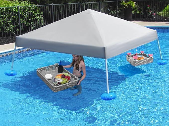 Sunjoy Floating Pool Canopy 10' × 10’ Pop Up Gazebo Navy Fabric Canopy, Steel and Aluminum Frame Floating Tent with PVC Floats, Hand Air Pump and Carry Bag