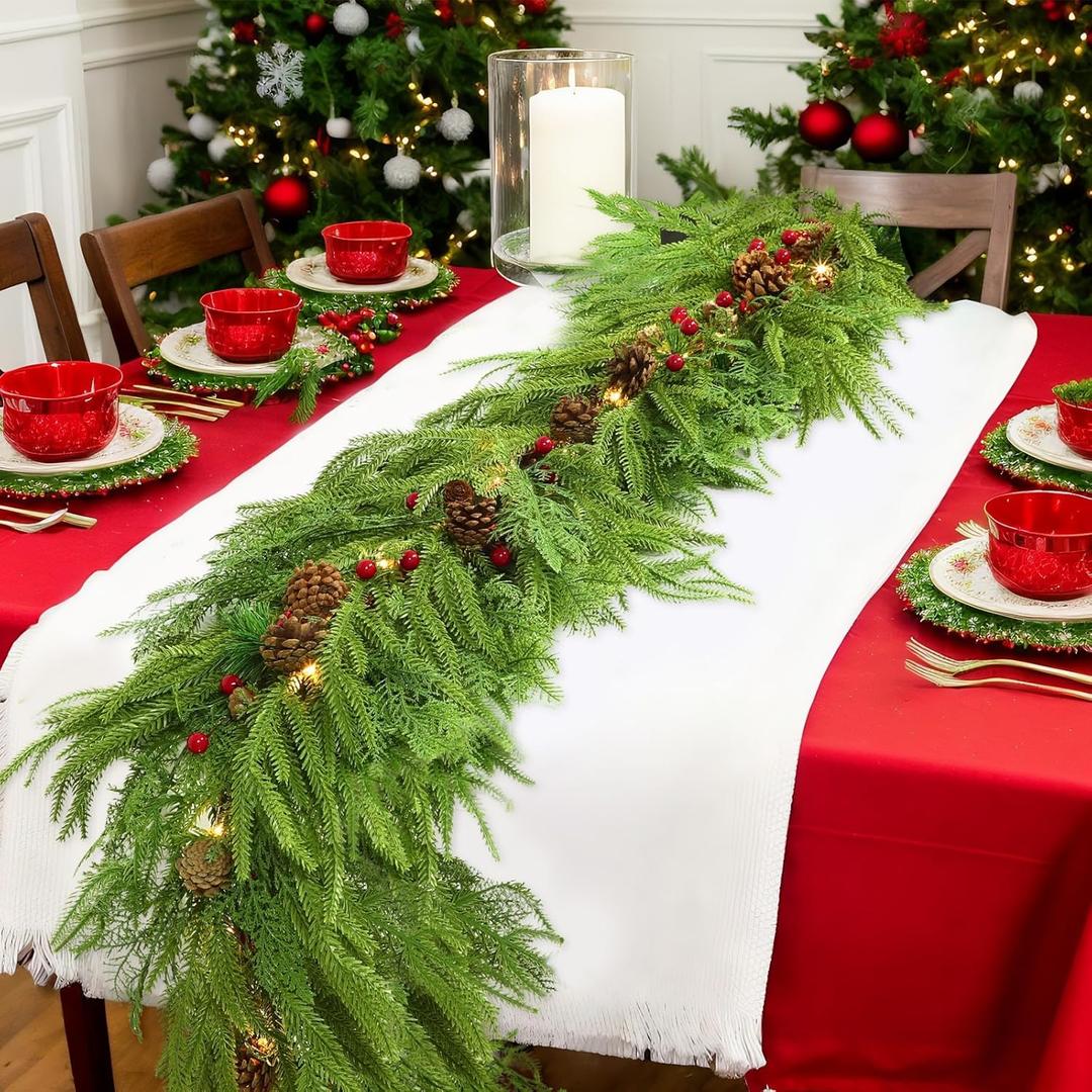 JUNEBRUSHS 9FT Artificial Norfolk Pine Garland, Christmas Garlands with Lights Real Touch Artificial Faux Greenery Garland for Mantle Stairs Railing Fireplace Table Indoor Xmas Decor