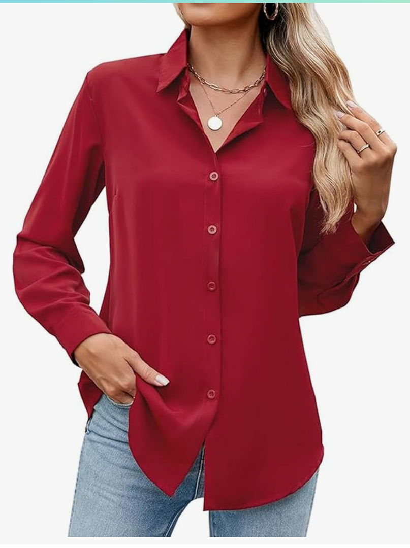 AISEW Womens Casual Button Down Shirts V Neck Chiffon Long/Short Sleeve Collared Office Work Blouses Tops with Pocket
 (Burgundy, 7003M)
